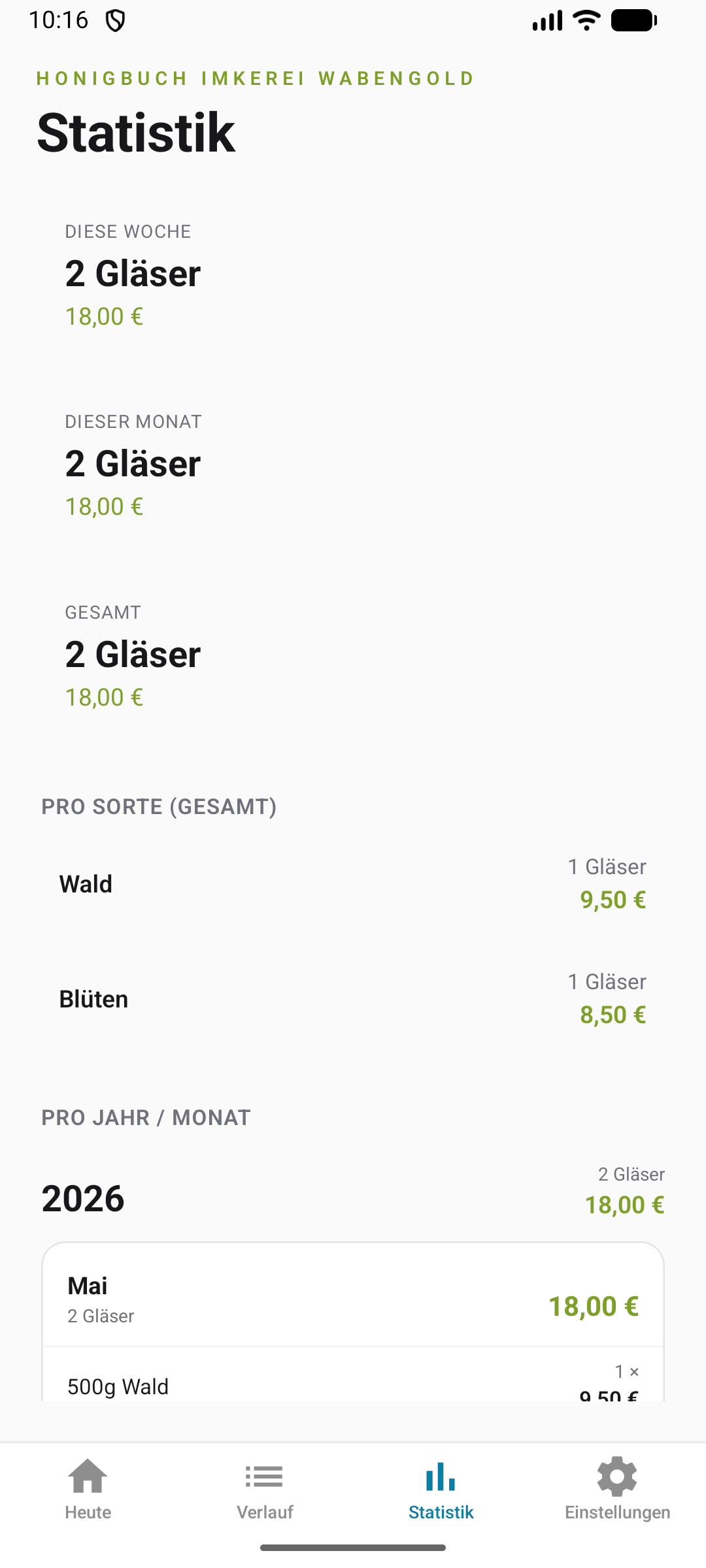 Statistik-Tab: Diese Woche, Monat, Gesamt — plus Pro-Sorte-Aufschlüsselung