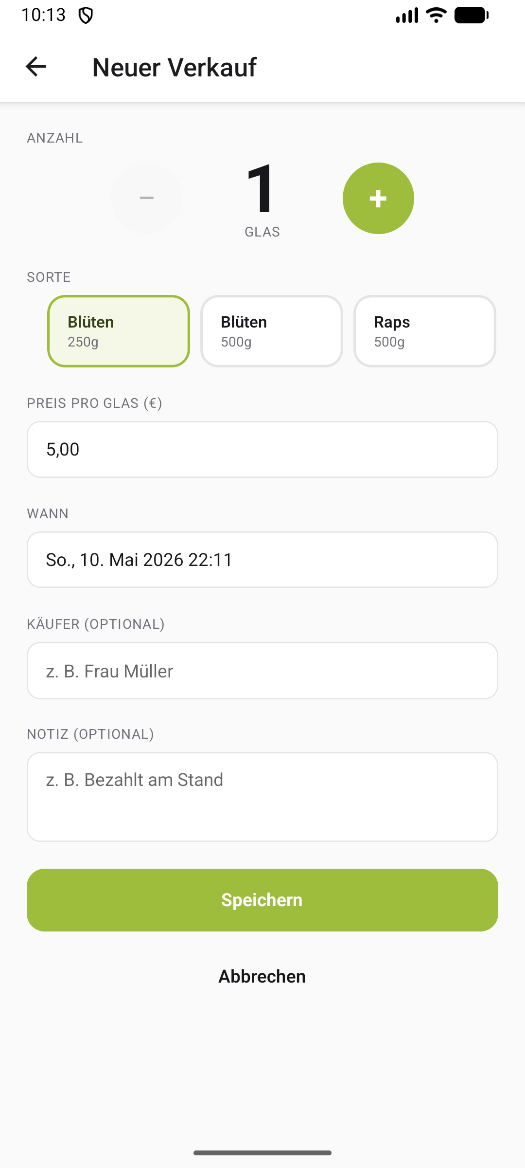 Neuer-Verkauf-Modal mit Anzahl, Sorte, Preis und optionalen Käufer- und Notizfeldern